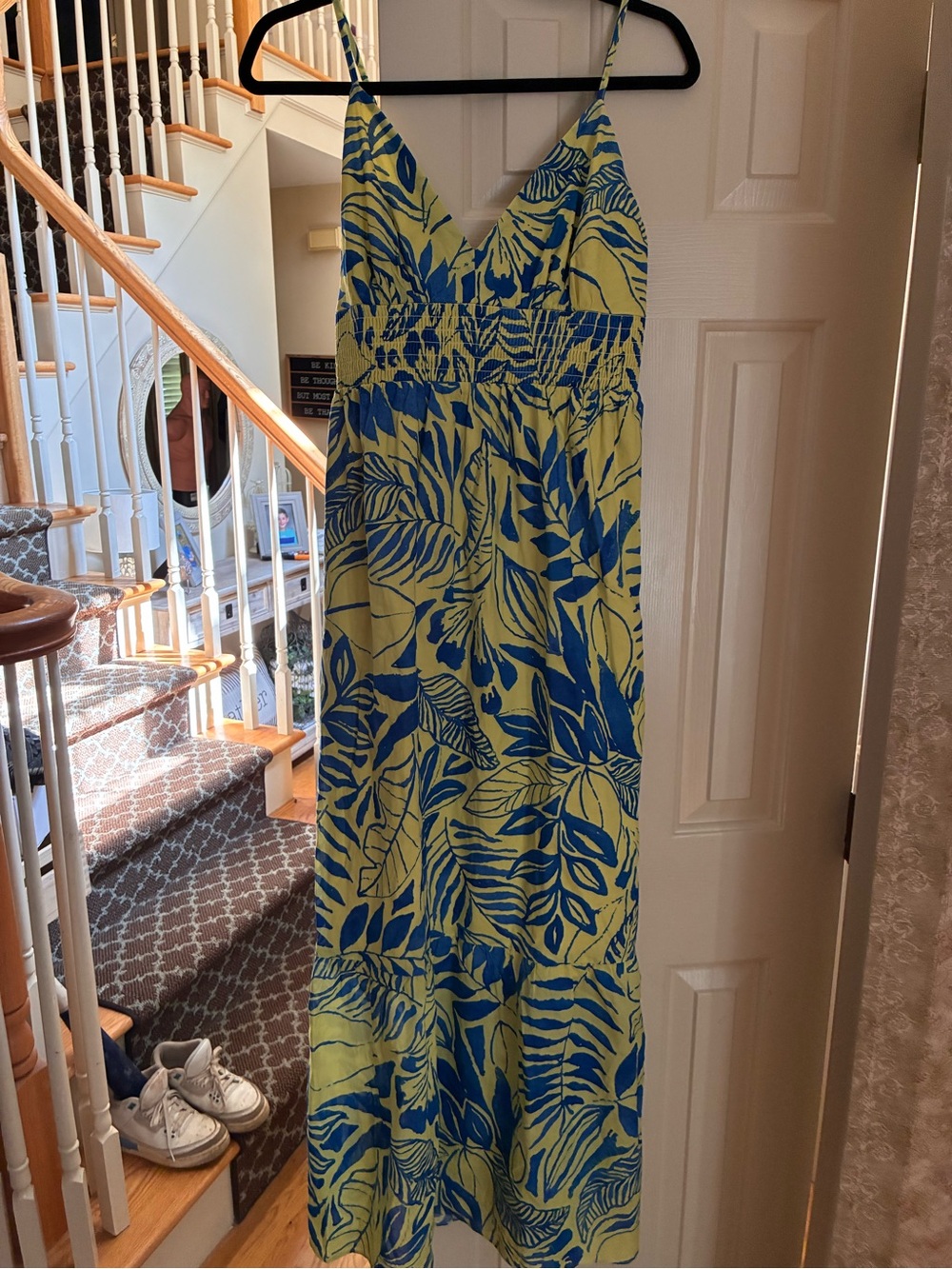 The good journey Yellow and Blue Leaf-Print Spaghetti Strap Maxi Dress